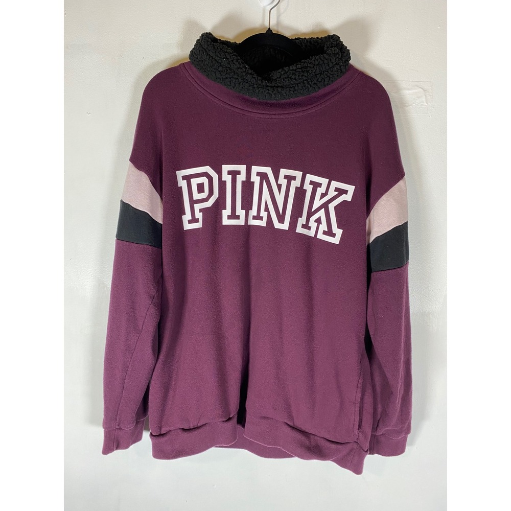 PINK Victoria's Secret Sherpa Cowl Neck Sweatshirt Spell Out Logo Purple Small